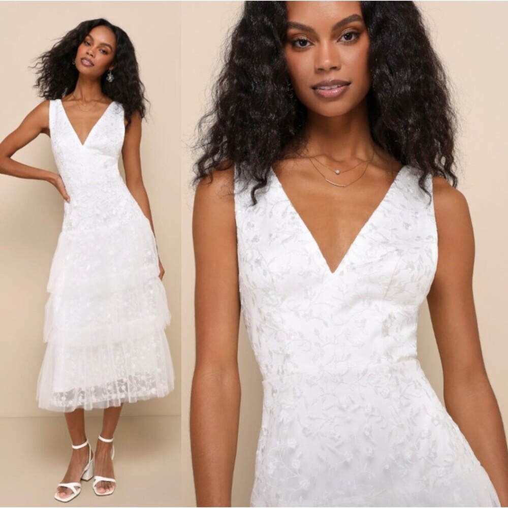 NWOT Lulus Confidently Gorgeous Ivory Tulle Embroidered Backless Midi Dress